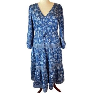 LOFT Midi Dress Boho Ruched Waist Blue floral Size Large